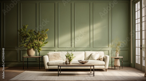 A neutral living room featuring textured walls in shades of green and white