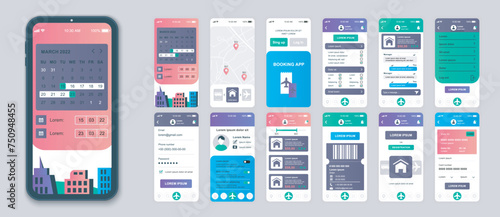 Booking mobile app screens set for web templates. Pack of searching hotel room, online ordering flight tickets, payment in account. UI, UX, GUI user interface kit for cellphone layouts. Vector design photo