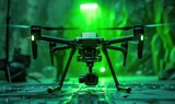 A flying drone, neon green glowing background