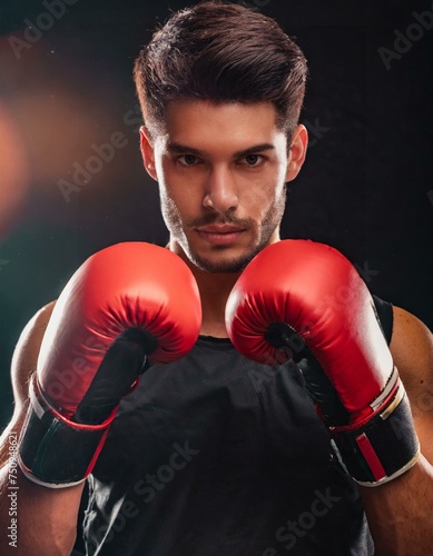 muscular handsome male boxer in boxing gloves on a black background © Marko