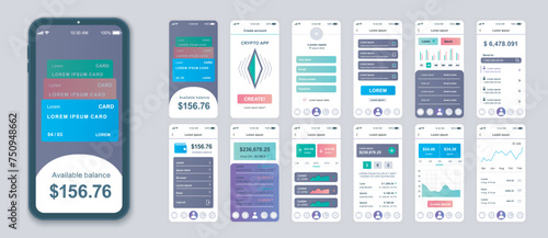 Crypto mobile app screens set for web templates. Pack of financial account, cryptocurrency statistics, investment data analysis. UI, UX, GUI user interface kit for cellphone layouts. Vector design
