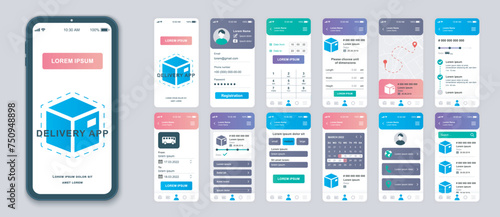 Delivery mobile app screens set for web templates. Pack of shipping service, calculate package, tracking parcel with location. UI, UX, GUI user interface kit for cellphone layouts. Vector design photo