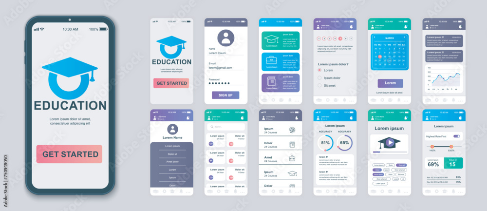 Education mobile app screens set for web templates. Pack of student profile, learning courses, calendar, online lessons, progress. UI, UX, GUI user interface kit for cellphone layouts. Vector design Education mobile app screens set for web templates. Pack of student profile, learning courses, calendar, online lessons, progress. UI, UX, GUI user interface kit for cellphone layouts. Vector design