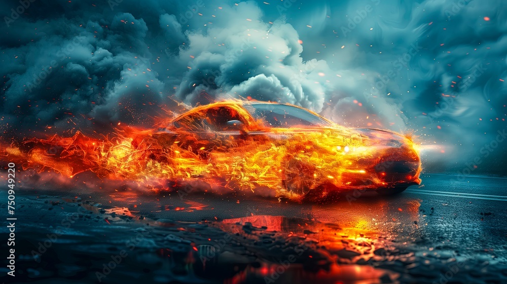 Modern Sedan Engulfed In Intense Flames Racing On Wet Asphalt Under Stormy Skies. Modern Sedan Engulfed In Intense Flames Racing On Wet Asphalt Under Stormy Skies.