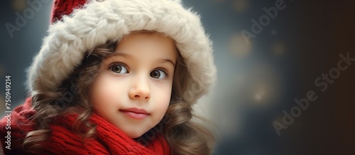 A young girl wearing a Santa hat and scarf, looking festive and adorable. She is smiling and standing confidently.