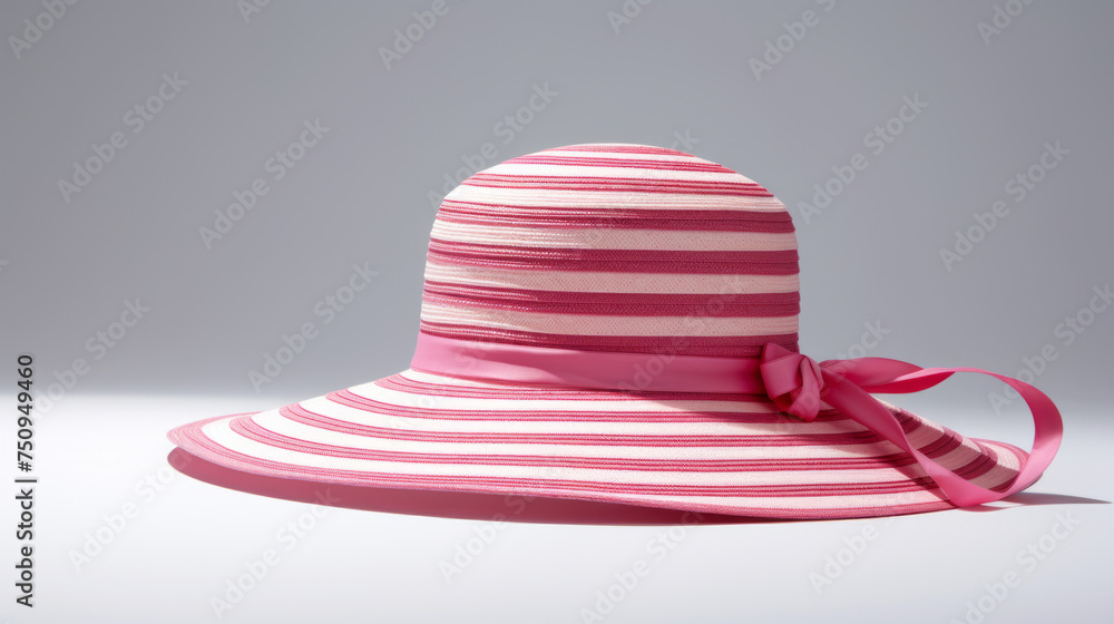 A pink and white striped straw hat isolated on a white background A pink and white striped straw hat isolated on a white background