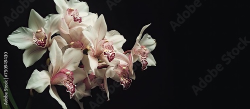 Close-up view of a bunch of vibrant tropical orchid blooms against a dark black background, showcasing intricate details and colors of the flowers.