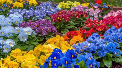 a bunch of colorful flowers that are in a flower pot with water droplets on the top of the flowers and the bottom of the flowers. © Olga