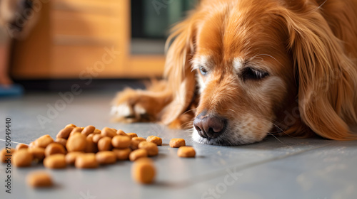 Golden Retriever with Dog Treats on Floor