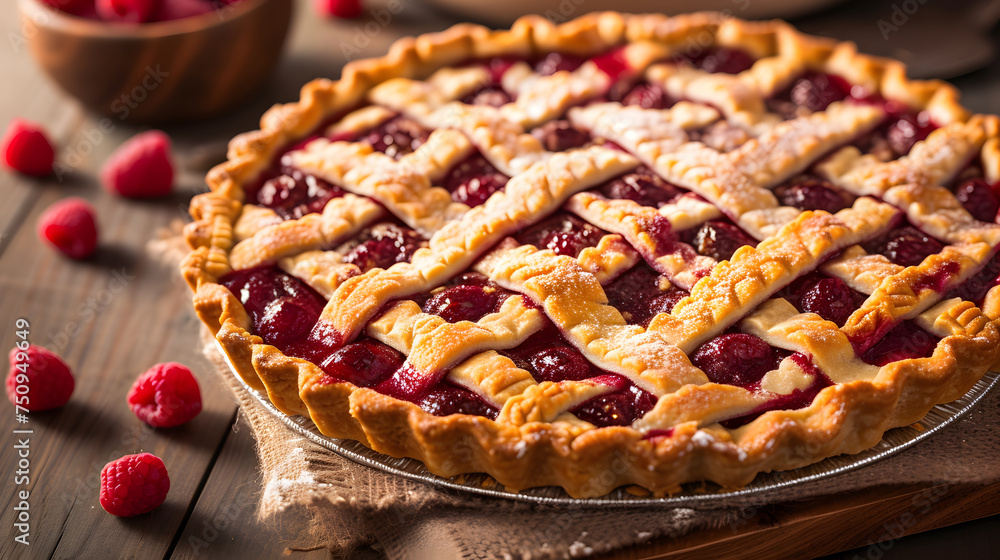 Freshly Baked Raspberry Pie with Lattice Pastry Top on Wooden Table Freshly Baked Raspberry Pie with Lattice Pastry Top on Wooden Table