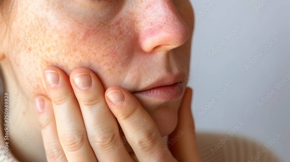 Concerned Woman Examining Acne on Her Face