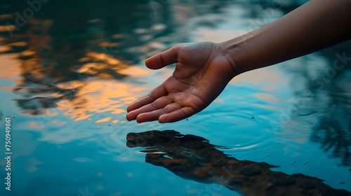 Human Hand Gently Touching Water Surface with Reflection