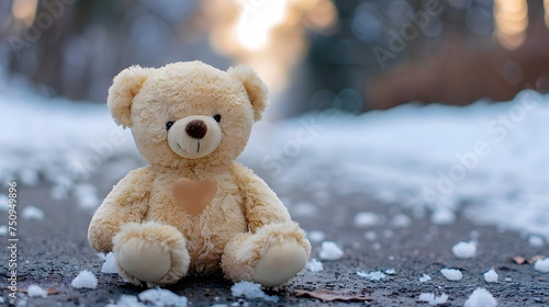 Lonely Teddy Bear on a Winter Path at Sunset