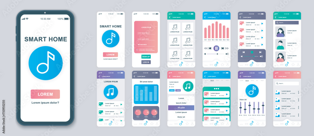 Music mobile app screens set for web templates. Pack of songs playlist, online media player, album streaming, equalizer settings. UI, UX, GUI user interface kit for cellphone layouts. Vector design