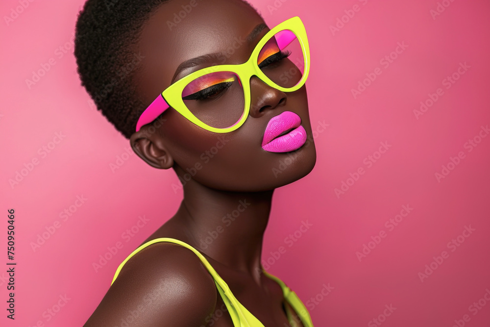 Modern beauty conceptual portrait of gorgeous African American woman wearing neon lime and pink glam make up over pink backgorund studio shot with copy space Modern beauty conceptual portrait of gorgeous African American woman wearing neon lime and pink glam make up over pink backgorund studio shot with copy space