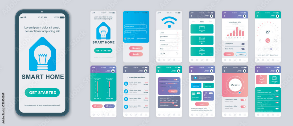 Smart home mobile app screens set for web templates. Pack of profile login, automation control, online monitoring thermostats. UI, UX, GUI user interface kit for cellphone layouts. Vector design - obrazy, fototapety, plakaty 