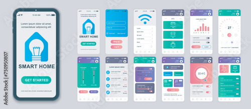 Smart home mobile app screens set for web templates. Pack of profile login, automation control, online monitoring thermostats. UI, UX, GUI user interface kit for cellphone layouts. Vector design