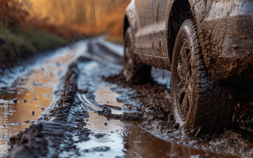 Dirty car is parked on muddy road. Car is covered in mud and water, and tires are covered in mud as well. Scene has muddy and dirty atmosphere