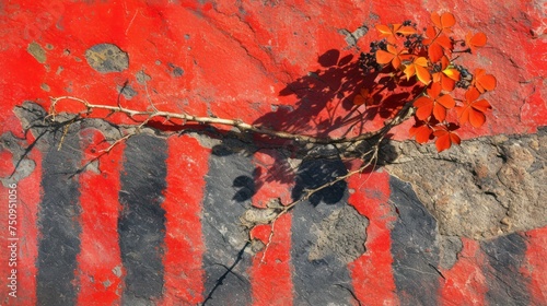 a plant that is growing out of a crack in a rock wall with a red stripe painted wall behind it. photo