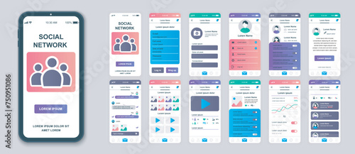 Social network mobile app screens set for web templates. Pack of profile login, account information, online messages, statistics. UI, UX, GUI user interface kit for cellphone layouts. Vector design photo