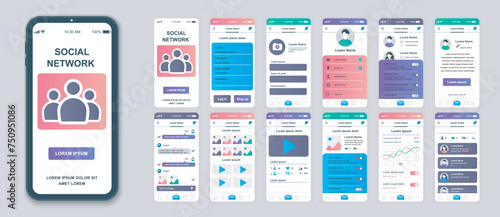 Social network mobile app screens set for web templates. Pack of profile login, account information, online messages, statistics. UI, UX, GUI user interface kit for cellphone layouts. Vector design