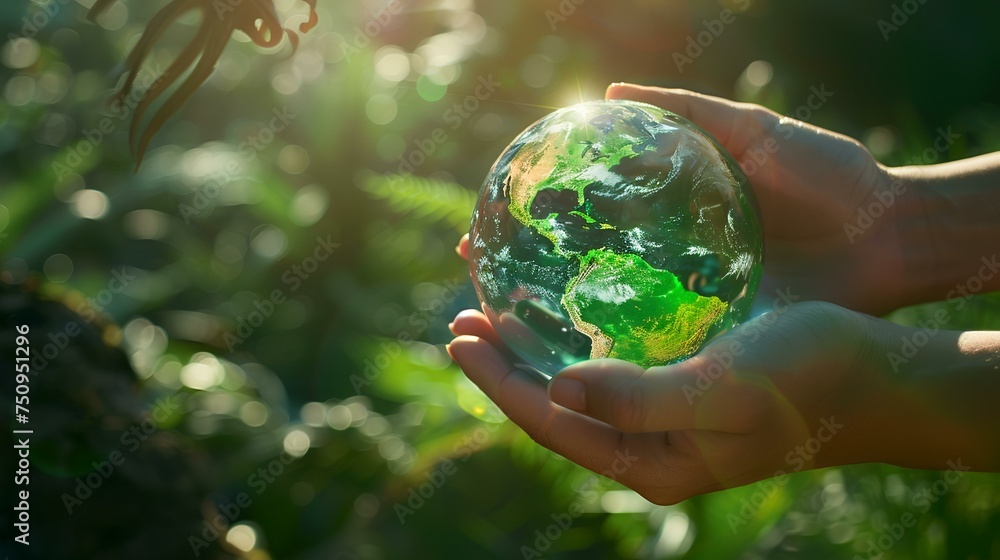 Crystal Earth in hands. The green planet on hand Crystal Earth in hands. The green planet on hand