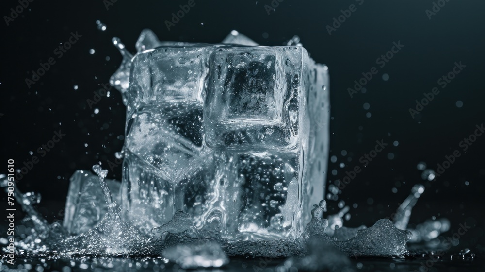 a group of ice cubes with water splashing out of them on a black surface with a black background. a group of ice cubes with water splashing out of them on a black surface with a black background.