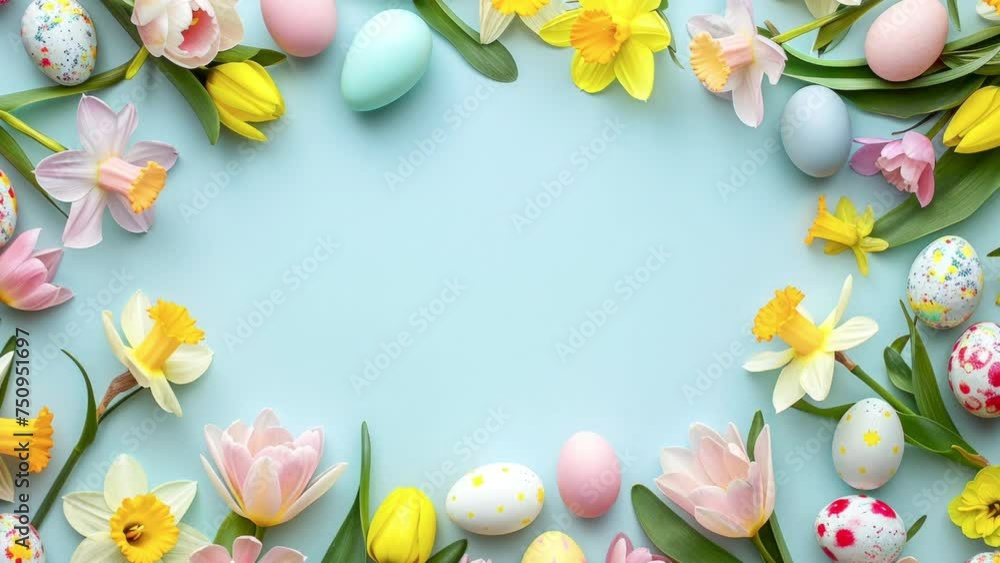 Spring daffodils and tulips with Easter eggs on pastel blue background Spring daffodils and tulips with Easter eggs on pastel blue background