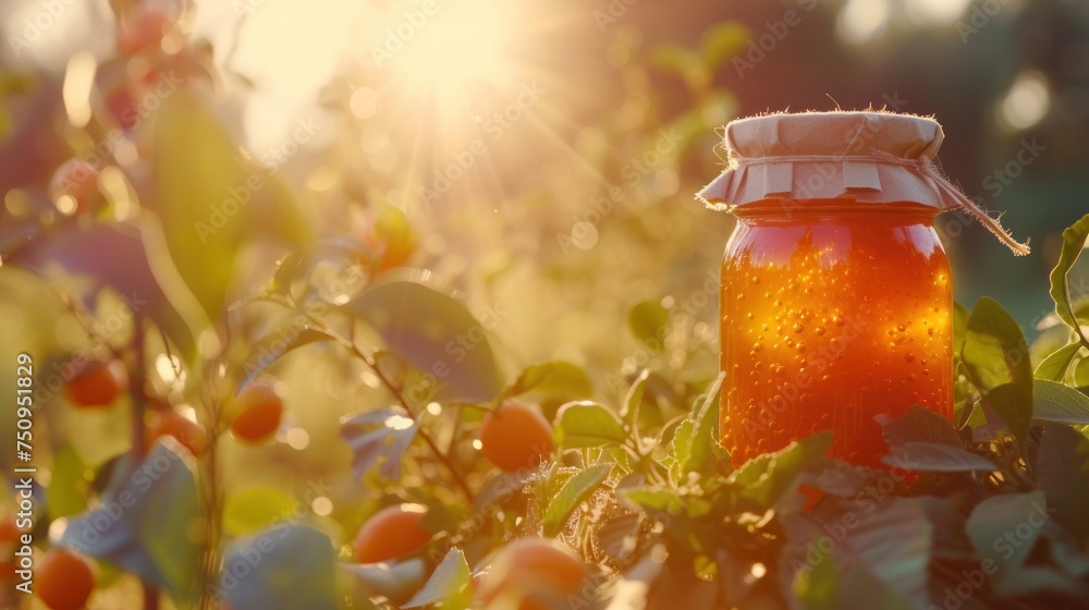 a jar filled with liquid sitting on top of a tree filled with lots of leaves and oranges on a sunny day. a jar filled with liquid sitting on top of a tree filled with lots of leaves and oranges on a sunny day.