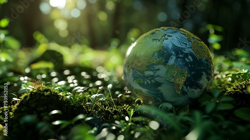 Globe and plant in the forest, save the world concept.