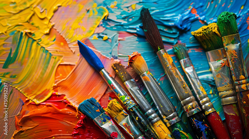 Paintbrushes with lot of different color of oil paints on them, old wooden desk in the background, colorful and vibrant banner depicting art, generative ai