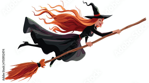 A cartoon witch flying on a broomstick. isolated on photo