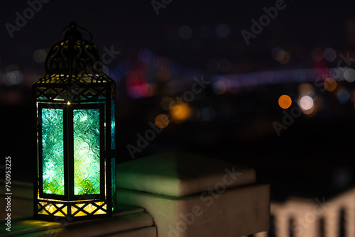 Colorful Ramadan Lanterns in the Istanbul Icons Silhouette, Ramadan Month Background Concept Photo, Camlica Mosque Uskudar, Istanbul Turkiye (Turkey)