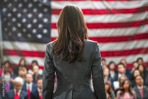 Female politician speaking in front of American flag at a rally