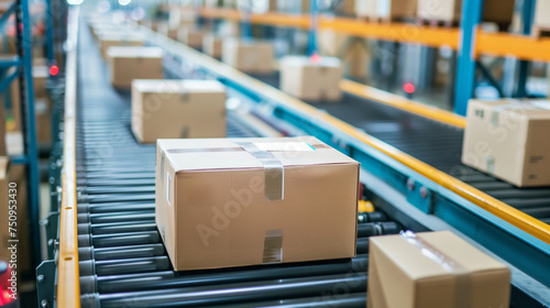 Various sized boxes moving on a conveyor belt in a warehouse