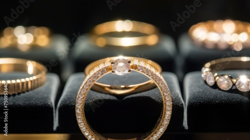 Wedding rings in jewelry store, close-up. Luxury jewelry. Wedding rings with diamonds on the table in a jewelry store with Copy Space.
