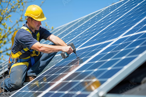 A worker installs solar panels on the roof.