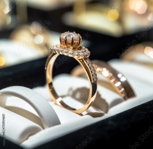 jewelry diamond ring in the shop window, luxury jewelry background. Wedding rings with diamonds on the table in a jewelry store with Copy Space.