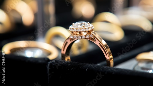 jewelry diamond ring in the shop window, luxury jewelry background. Wedding rings with diamonds on the table in a jewelry store with Copy Space.