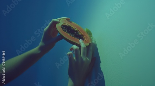 a close up of a person holding a piece of fruit up to the side of a wall with a blue background. photo