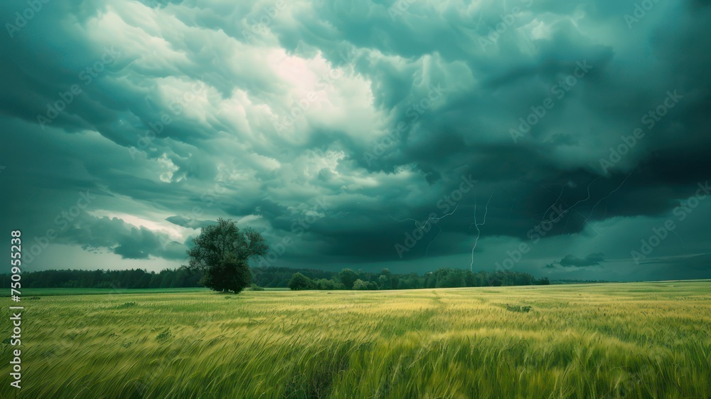 Thunderstorm over a green field with a tree created with Generative AI