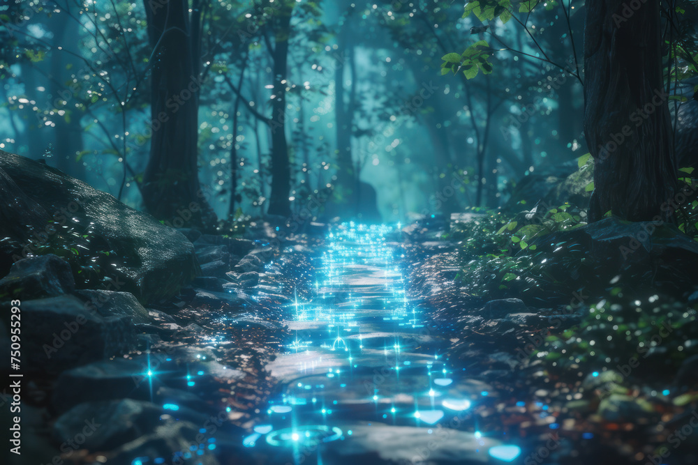 A virtual journey through a tech infused forest where food holograms blend with nature in a perilous minimalist medium shot A virtual journey through a tech infused forest where food holograms blend with nature in a perilous minimalist medium shot