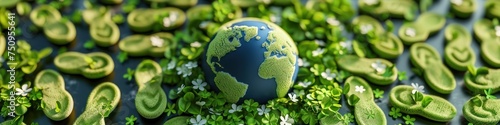 An Earth globe surrounded by green footprints represents ecological impact and is ideal for environmental awareness campaigns or as a visual prompt for conservation discussions.