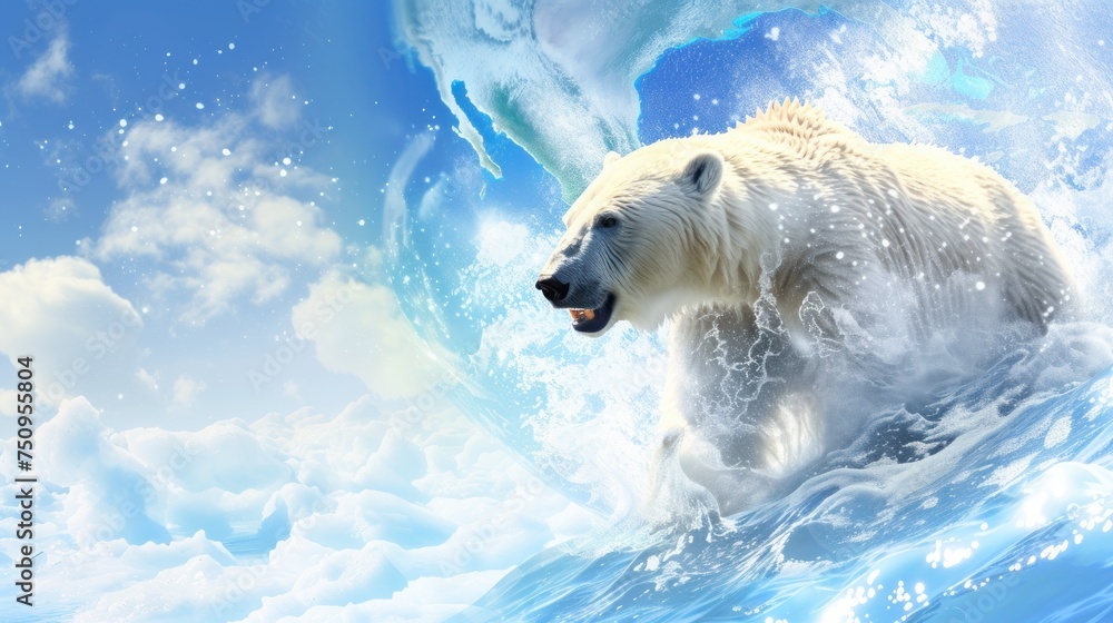A polar bear emerges from crashing waves and ice, embodying the fragility of arctic ecosystems, suitable for climate change awareness campaigns and environmental preservation efforts