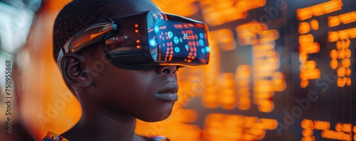 African boy studies with tech holograms minimalist virtual reality close up on high tech education