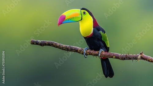 a toucan sitting on a branch with a colorful beak on it's head and a green background.