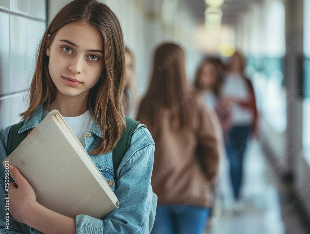 A sad teenage girl at her school with a book in her hands A sad teenage girl at her school with a book in her hands