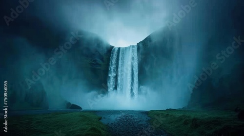 a waterfall in the middle of a large body of water in the middle of a dark, foggy sky.