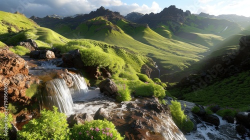 a small waterfall in the middle of a lush green valley with a mountain range in the background and clouds in the sky. photo