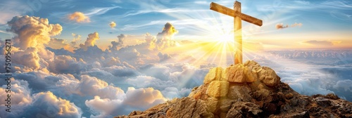 Sacred cross signifies jesus s resurrection under divine light and clouds at golgotha hill.